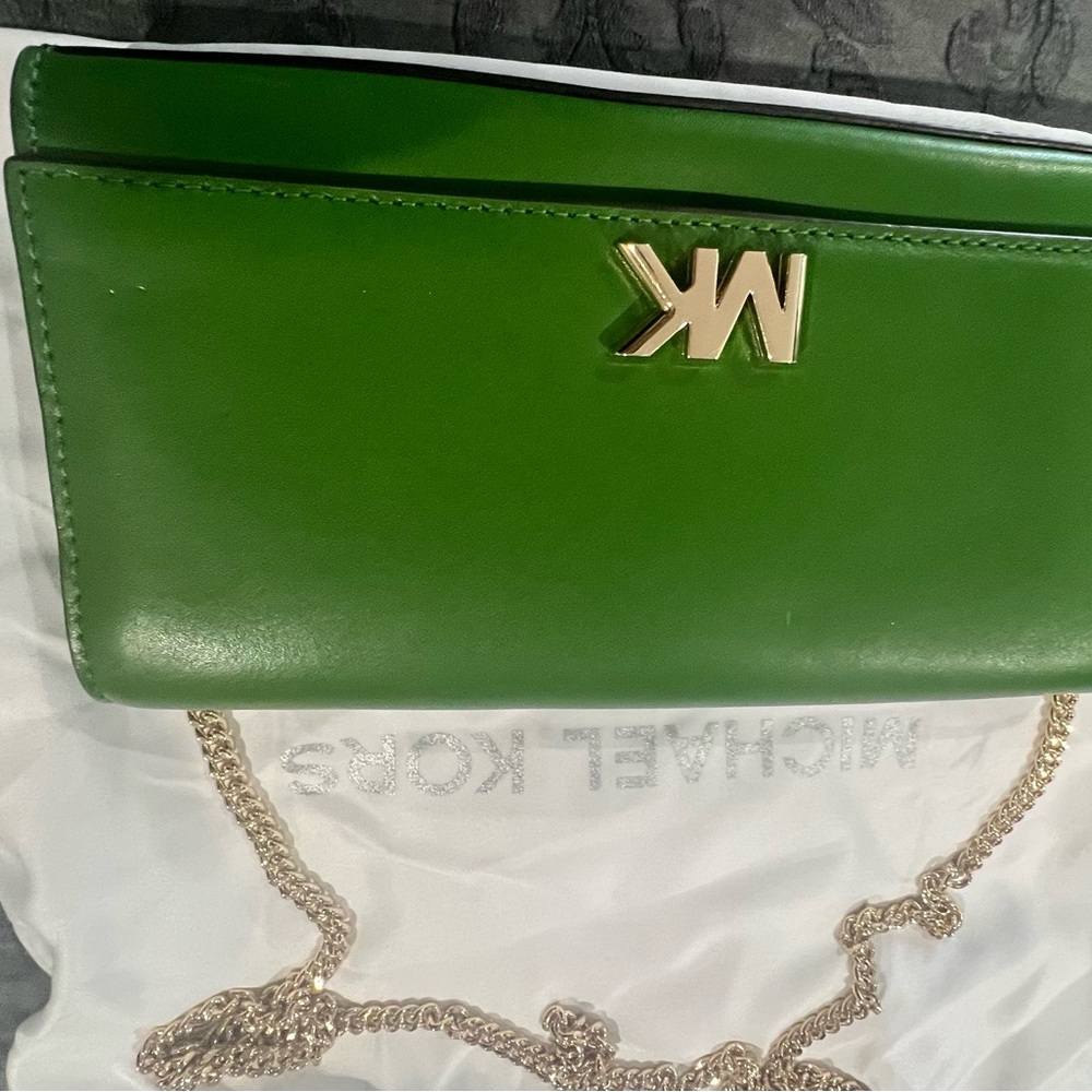 Michael Kors Green Leather Crossbody with Gold Chain